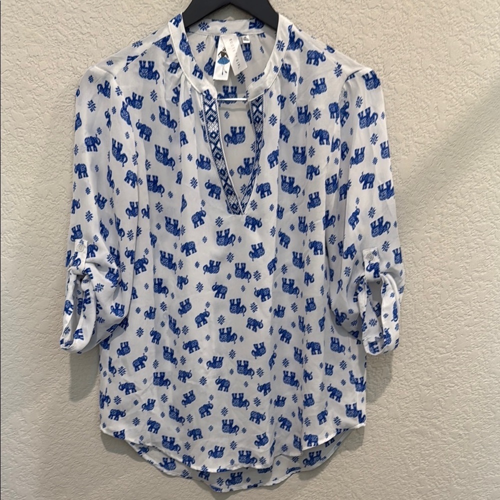 Society girl Blue Elephant Print Blouse size M